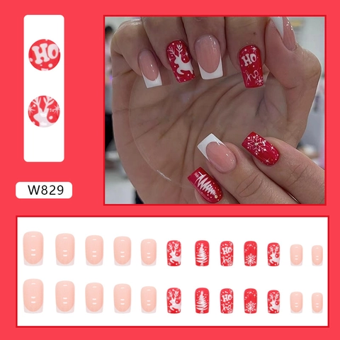 Christmas Press On Nails Red White Reindeer Snowflake Coffin Fake Nails Festive Sweet Manicure Art For Women