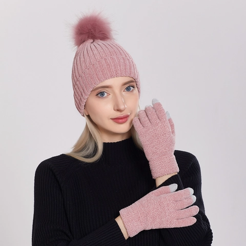 Women Chenille Knitted Beanie Hat And Touchscreen Gloves Thick Warm With Faux Fur Pom Pom Winter Accessories