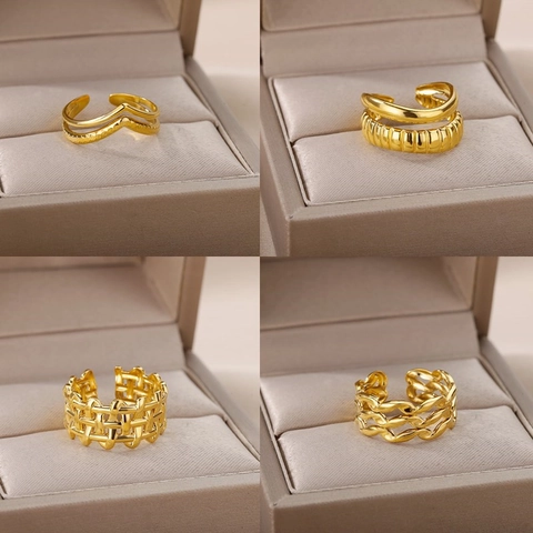 Adjustable Open Rings 18K Gold Plated Stainless Steel Double Layer Woven Braided Geometric Hollow Punk Fashion Jewelry