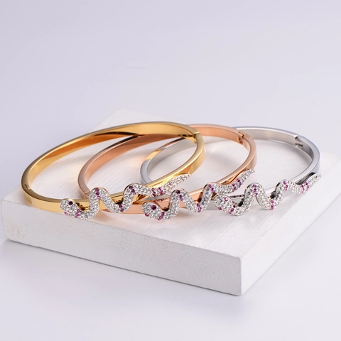 Snake Shape Bangle 316L Stainless Steel 18K Gold Plated Micro Pave Rhinestone Fashion Jewelry For Women