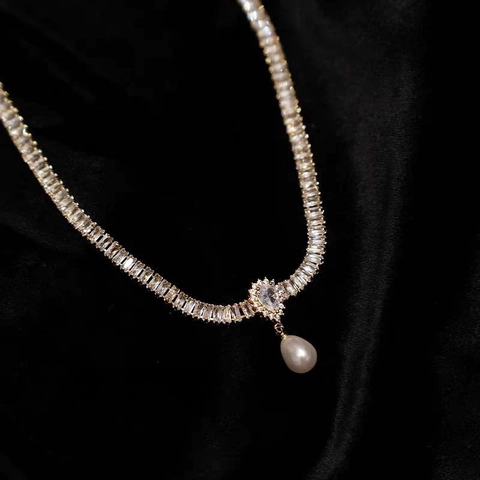 Barock Wassertropfen Künstliche Perle Anhänger Halskette Für Damen Luxus Kupfer Mit Zirkonia Strass Retro Schlüsselbein Kette