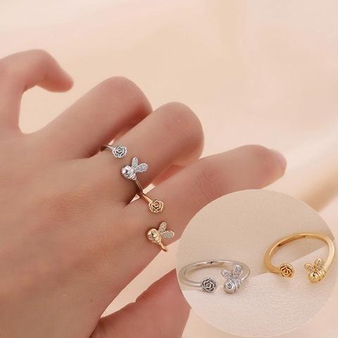 Anello Aperto Regolabile Dolce Minimalista con Ape e Rosa in Rame Placcato Oro Argento Strass Anello Fiore per Donna Gioielli Regalo