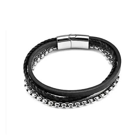 Pulsera Multicapa De Cuero Trenzado Para Hombre Con Cadena De Acero Inoxidable Estilo Hip Hop Punk Cierre Magnético
