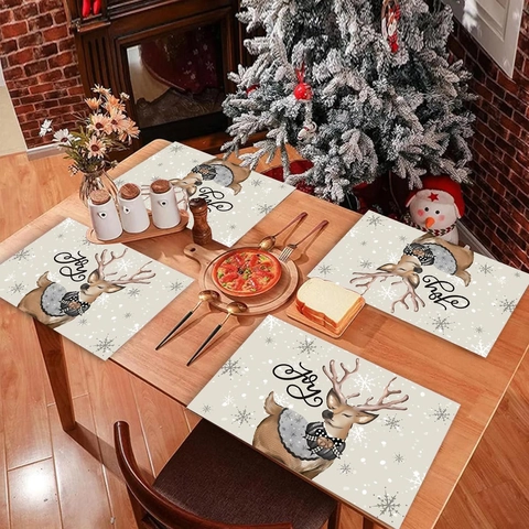 Christmas Placemats Reindeer Snowflake Pattern Joy Print Polyester Heat Insulated Anti Stain For Holiday Dining Table Decoration