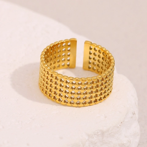 Mesh Hollow Open Ring 18K Gold Plated Stainless Steel Wide Band Honeycomb Adjustable Vintage Fashion Jewelry For Women