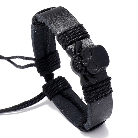 Bracciale In Pelle Con Teschio Punk Regolabile Corda Intrecciata Gioielli Gotici Da Uomo Nero