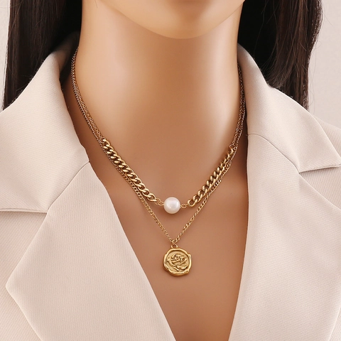 Collana a Doppio Strato in Acciaio Inossidabile per Donna Placcata Oro Perla Artificiale Stella Marina Rosa Moneta Ciondolo Gioielli Regalo Moda