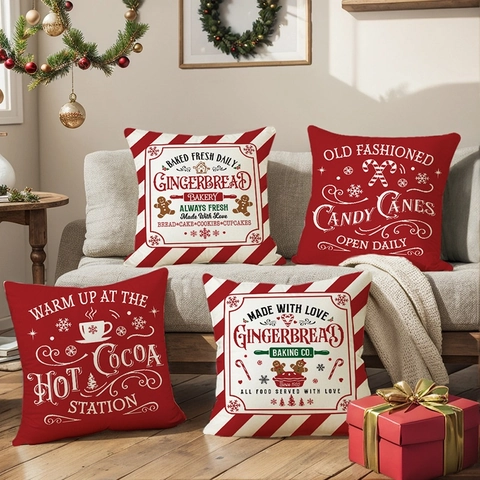 Weihnachts-Kissenbezüge Rot Weiß Lebkuchen Bäckerei Kakao Muster Polyester Festliche Winter Heimdekoration