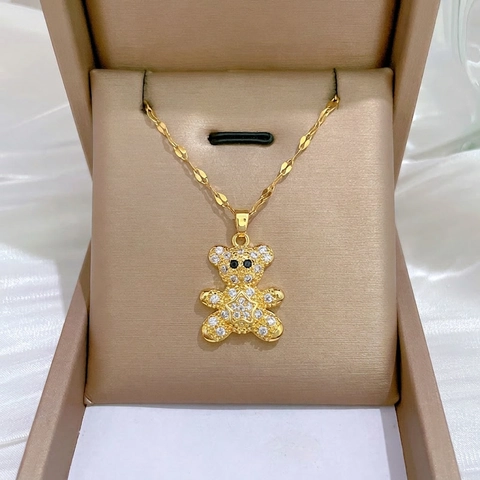 Teddybeer Hanger Ketting Goud Verguld Roestvrij Staal Zirconia Rhinestone Ster Sieraden Voor Vrouwen Elegant Zoet Sleutelbeen