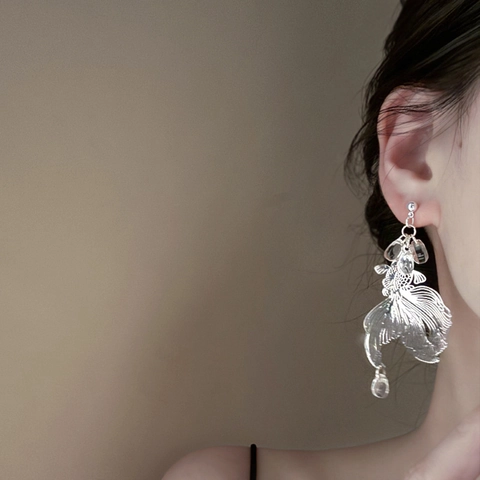 Pendientes Colgantes Pez Koi Hueco Con Poste De Plata De Ley 925 Metal De Cobre Cuentas Trasparentes Estilo Chino