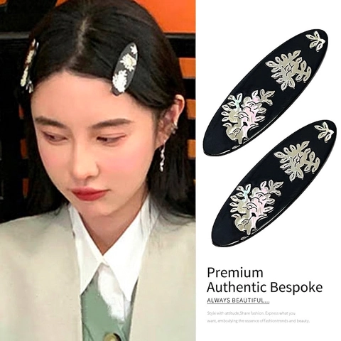 Vintage Haarspange Mit Muschelblumenmuster Schwarz Acryl Oval Seiten Barrette Für Damen Eleganter Haarschmuck