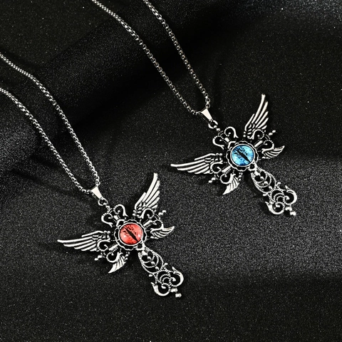 Gothic Cross Wings Necklace With Evil Eye Dragon Gemstone Zinc Alloy Punk Hip Hop Jewelry Pendant
