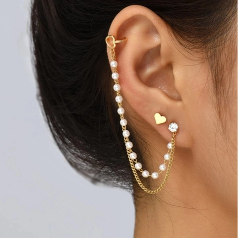 Heart Butterfly Artificial Pearl Tassel Ear Cuff And Stud Earrings Copper Zircon Chain For Women French Retro Personalized Jewelry