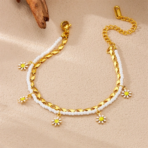 Daisy Doppelschichtige Fußkette Edelstahl Weiße Reisperlen Pastorale Sommer Strand Fußkette Schmuck Für Damen