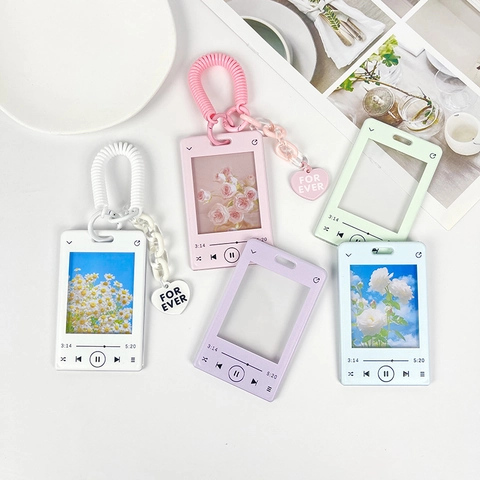 Music Player Style Photocard Holder PS Plastic Sliding ID Badge Sleeve Transparent Card Protector With Keychain For Student