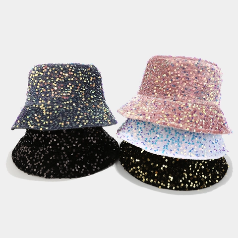 Mode Pailletten Vissershoed Glanzend Reflecterend Polyester Zonnehoed Voor Dames Party Festival Streetwear