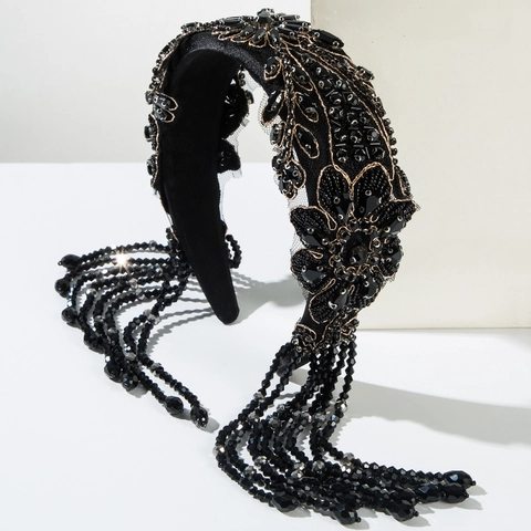 Cerchietto Imbottito Nero Barocco Vintage Con Nappe Strass Cristallo Perline Fiore Ricamato Fascia Per Capelli Donna Matrimonio Festa