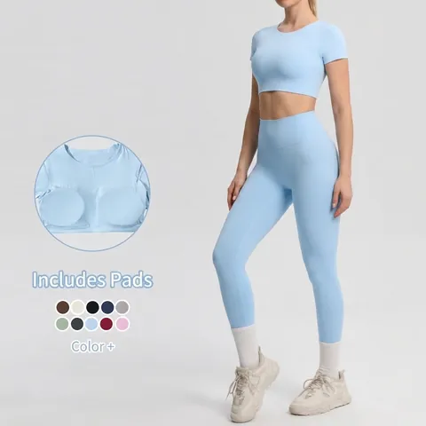 Women Yoga Outfits Seamless High Waist Leggings And Short Sleeve Crop Top With Removable Pads Tummy Control