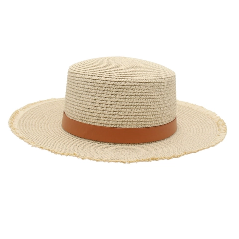 Women Boater Straw Hat Wide Brim Sun Shade Beach Cap Fringed Edge Faux Leather Band Summer Vacation Holiday Elegant Style