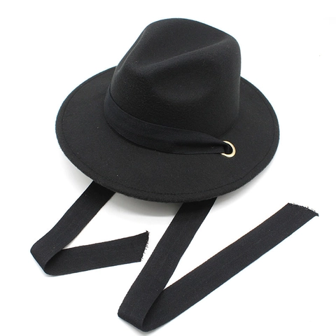 French Vintage Fedora Hat Black Woolen Felt Wide Brim Gold Metal Ring Long Ribbon Straps Elegant Retro Style Unisex