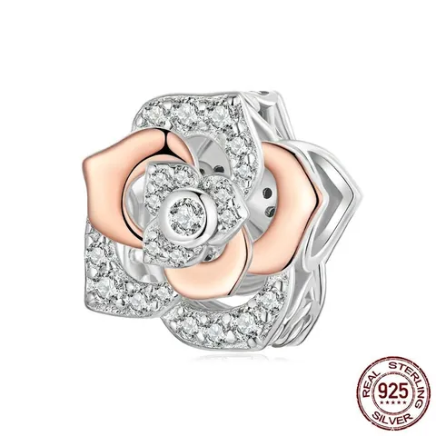 S925 Sterling Silver Rose Flower Charm For Bracelet Two Tone Rose Gold Plated Pave Zirconia Bead DIY Jewelry Making Women Elegant Pendant
