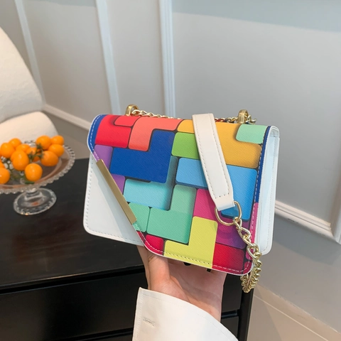 Women PU Leather Crossbody Bag Contrast Color Geometric Pattern Metal Chain Small Square Fashion Shoulder Bag Chic