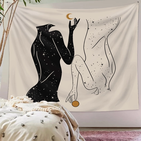 Arazzo Da Parete Arte Linee Del Corpo Astratto Poliestere Mistico Notte Stellata Luna Bohemien Sfondo Decorazione Casa