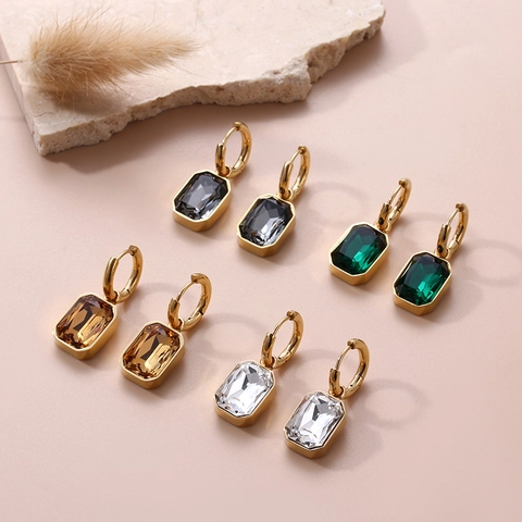 Geometric Rectangular Zircon Drop Earrings Stainless Steel Gold Plated French Luxury Style Jewelry For Women
