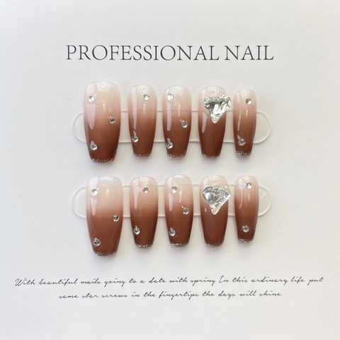 Handmade Brown Caramel Gradient Press On Nails Elegant Heart Rhinestone Decorations Glossy Removable False Nails For Women