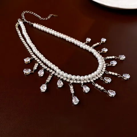 Collana A Doppio Strato Rame Zircone Perla Artificiale Nappa Strass Pendente Goccia Acqua Elegante Stile Francese Donna