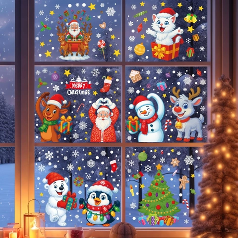 Christmas Window Clings Static Stickers Santa Claus Snowman Reindeer Snowflake PVC Decals Holiday Party Home Decoration