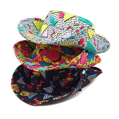 Chapeau Bob À Bord Large Imprimé Géométrique Memphis Rétro Polyester Protection Solaire Extérieure Randonnée Cordon Coupe Vent