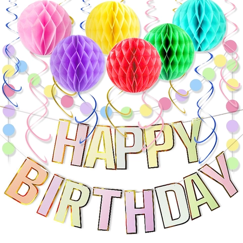 Macaron Bronzed Happy Birthday Banner With Paper Honeycomb Balls Swirls And Dot Garland For Birthday Party Decoration Supplies