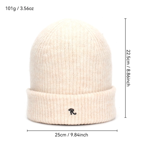 Bonnet En Maille Côtelée Acrylique Couleur Unie Broderie Lettre R Revers Tricoté Chaud Hiver Décontracté Coiffe