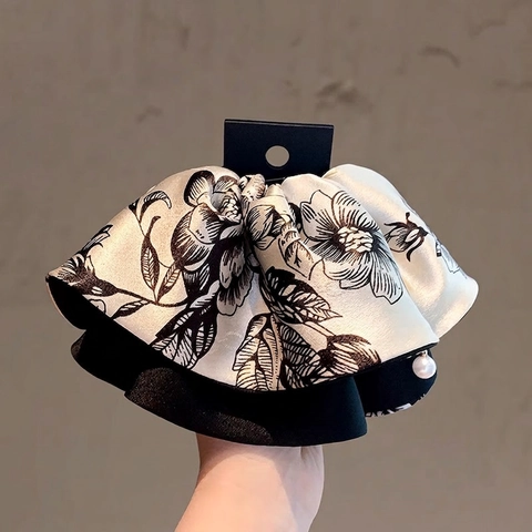 Pinza De Pelo Para Coleta De Satén Floral Retro Francés Pinza De Tiburón Elegante Grande Con Perla Artificial Para Mujeres