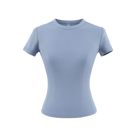 T-Shirt Ajusté Nervuré pour Femmes Polyester Manches Courtes Col Rond Couleur Unie Top Court Streetwear Mode Top