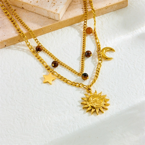 Stainless Steel Double Layer Necklace Gold Plated Sun Moon Star Pendants Tiger Eye Stone Vintage Jewelry For Women