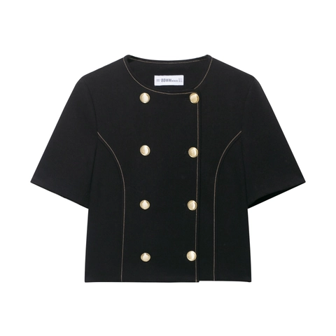 Damen Blazer Mit Kurzen Ärmeln Und Weite Hose Schwarz Kontrastnähte Goldene Knöpfe Eleganter Pendler