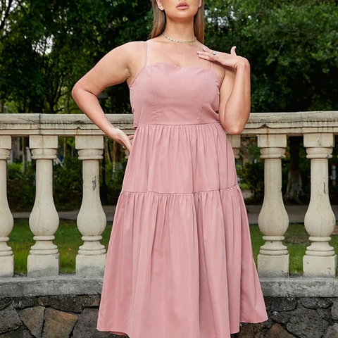 Women Plus Size Tiered Cami Dress Polyester Bow Tie Backless Elegant Solid Color Summer Vacation Long Maxi Dress