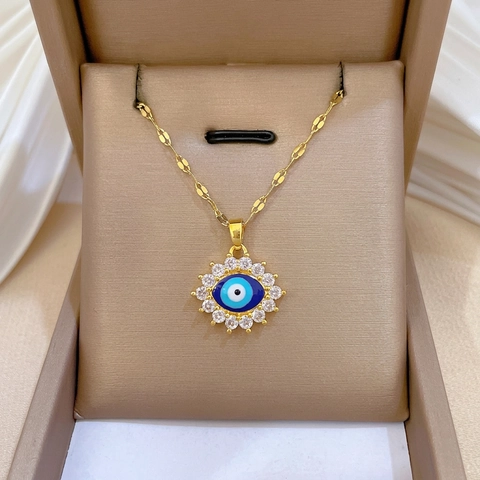 Evil Eye Pendant Necklace For Women Stainless Steel Chain And Copper Cubic Zirconia Sunburst Charm Jewelry Gold Plated