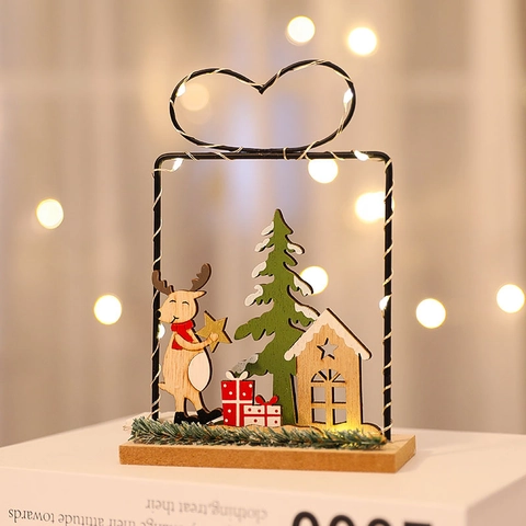 Decoración De Mesa Navidad LED Madera Papá Noel Reno Marco Metal Luz Cálida Adorno Festivo Escritorio