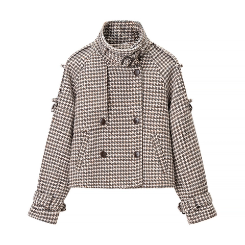 Dames Vintage Hahnentritt Wollen Mix Jas Staande Kraag Double Breasted Mode Streetwear Bovenkleding Korte Jas Bruin
