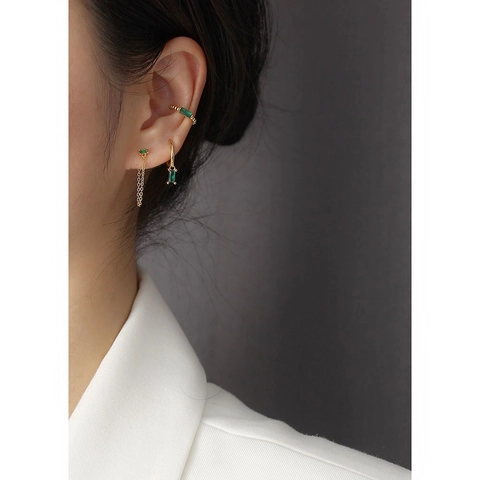 925 Sterling Silver Ear Cuff Emerald Green Zircon Non Piercing Beaded Texture Minimalist Jewelry For Women
