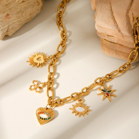 Edelstahl Multi Anhänger Halskette Evil Eye Herz Stern Sonne Klee Zirkon Y2K Stil Schmuck Für Frauen