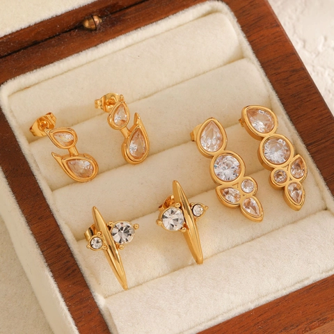 Roestvrijstalen Oorknopjes Met Zirkonia 18K Verguld Geometrisch Druppel En Cluster Elegante Mode Sieraden Voor Dames