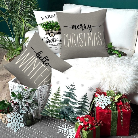 Kerst Kussenhoezen Polyester Imitatie Linnen Feestelijke Winter Vakantie Boom Vrachtwagen Print Decoratieve Kussenslopen