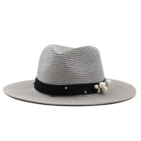 Women Fedora Straw Sun Hat Elegant Artificial Pearl Decoration Breathable Summer Beach Jazz Hat Wide Brim Vintage Style