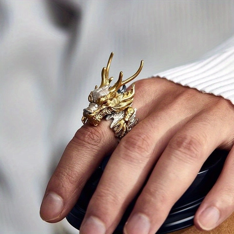 Retro Punk Drachen Ring Für Herren Gold Silber Ton Legierung Verstellbar Offen Detaillierte Schuppen Rote Augen Gotischer Schmuck