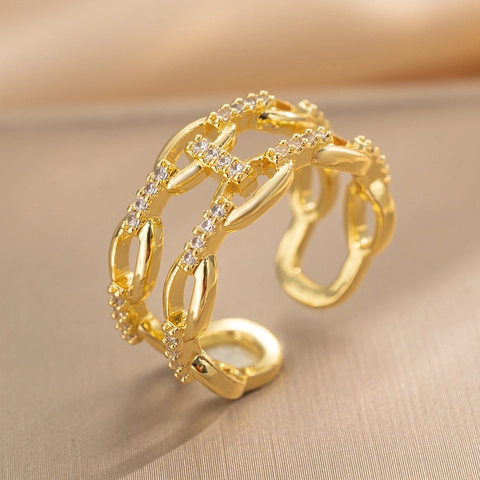 Double Layer Chain Adjustable Open Ring Micro Pave Zirconia Copper Luxury Minimalist Fashion Jewelry For Women