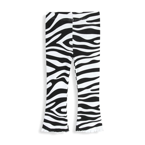 Pantaloni A Zampa Per Bambine Stampa Zebra In Cotone A Costine Lavorato A Maglia Fondo A Campana Bordo Ondulato Vita Elastica